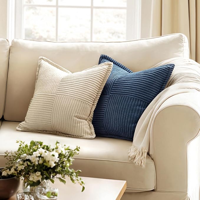 MIULEE Decorative Throw Pillow Covers for Couch Bed Livingroom 20x20 Inch Set of 2 Blue Boho Accent Throw Pllows Broadside Striped Patchwork Soft Corduroy Summer Coastal Pillowcases - Image 2