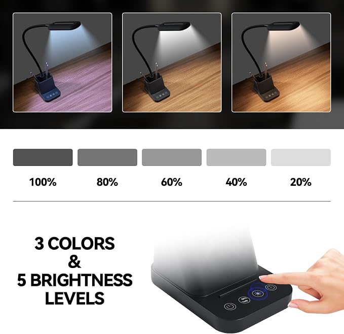 AXX LED Desk Lamp with USB Charging Port for College Dorm Room | for Home Office Bedrooms, Back to School, Black, Small, 650LM, Pen Holder, Timer Settings, Gooseneck, Study Light - Image 3