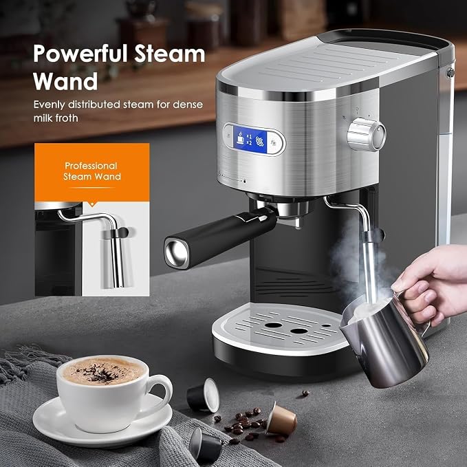 COWSAR Commercial-Grade Espresso Machine, 20Bar High Pressure Compact Coffee Maker with Milk Frother Steam Wand. Equipped with 45oz Detachable Water Tank, Ideal for Brewing Cappuccino - Image 4