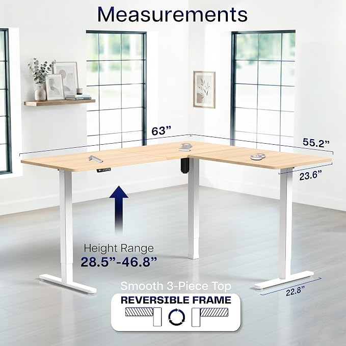 VIVO Light Wood 63 x 55 in Corner Standing Desk, DESK-E3CTC | Electric, Reversible L-Shaped Table, Sit Stand, Height Adjustable, Memory Controller, Office Furniture Sets, White Frame - Image 5