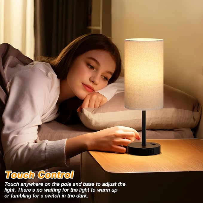 Dicoool 17.4" Bedside Lamp for Bedroom - Dimmable Touch, USB A+C, AC Outlet | LED Bulb Included, 3-Way Dimmable, 17.4" Table Lamp for Living Room, Dorm, Beige Fabric Lampshade, Black Metal Base - Image 3