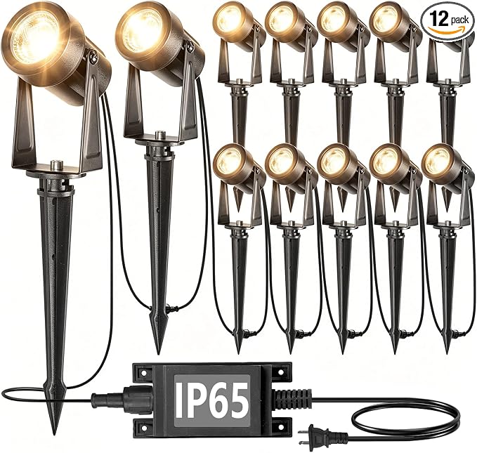 SUNTHIN Outdoor Landscape Lighting, 12 Pack LED Spot Lights Kit, Warm White | IP65 Waterproof, Extendable, Connects up to 20 lamp heads, for Garden, Yard, House, Lawn, Tree, Flags, Fence Use by SUNTHIN