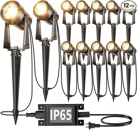 SUNTHIN Outdoor Landscape Lighting, 12 Pack LED Spot Lights Kit, Warm White | IP65 Waterproof, Extendable, Connects up to 20 lamp heads, for Garden, Yard, House, Lawn, Tree, Flags, Fence Use by SUNTHIN