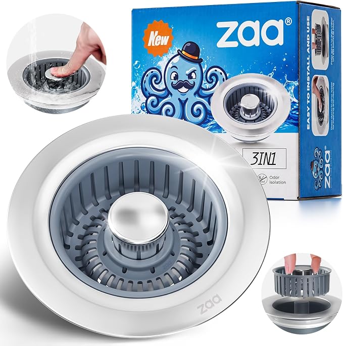 zaa 3 in 1 Kitchen Sink Drain Strainer Stopper Removable Basket Pop-Up | Kitchen Sink Accessories 1 Pack Silver Stainless - Food Catcher, Odor-Blocking Seal, Fits 3.5" Drain, Easy Clean by zaa