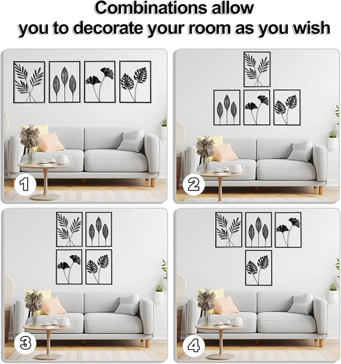 QXSXKJ Metal Wall Art, Black Frame Decor 4pack Modern Farmhouse Decor, 3d Metal Wall Ginkgo Art With Lamp for Living Room, Bedroom, Kitchen, Office (without light 17x12) - Image 6