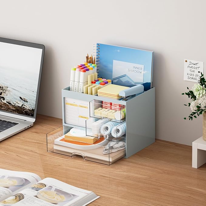 Marbrasse Desk Organizer with 3 Drawer, Multi-Functional Pencil Pen Holder for Desk, Desktop Organizer Storage for Office Home Art Supplies (Blue) - Image 5