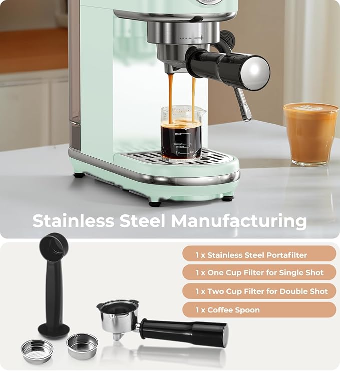 atatix 20 Bar Espresso Machine with Milk Frother, Compact Espresso Maker | Stainless Steel Coffee Machine with Precise Temp Control & 44oz Removable Water Tank for Latte, Cappuccino, Light Green - Image 7