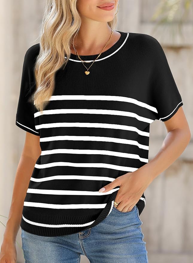 SHEWIN Womens Tops Trendy Short Sleeve Shirts Crewneck Lightweight Knit Sweater Top Business Casual Outfits - Image 2