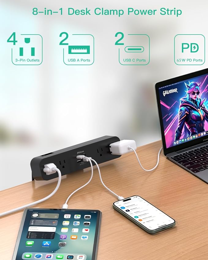 Mifaso PD65W Desk Clamp Power Strip, 1080J Surge Protector, 2 USB C | 4 Outlets, 5FT Extension Cord, Desk Organizer Gaming Accessories Office Essentials, Fit 1.96" Desk Edge, Black - Image 3