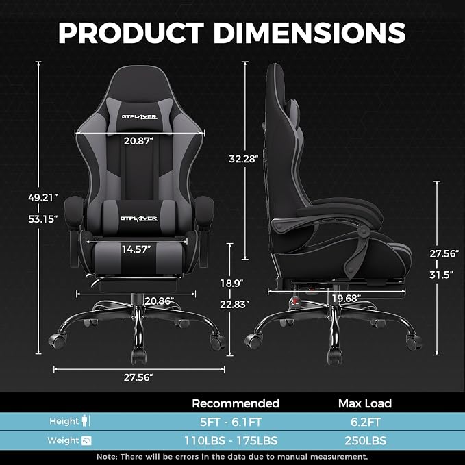 GTPLAYER Gaming Chair, Computer Chair with Footrest and Lumbar Support, Height Adjustable Game Chair with 360°-Swivel Seat and Headrest and for Office or Gaming (Darkgray, Fabric) - Image 3