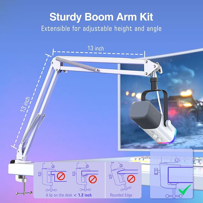 FIFINE AmpliGame AM8TW Gaming XLR/USB Microphone Kit Streaming Dynamic Mic | Computer Mic with Controllable RGB, Headphones Jack, Gain Knob, Arm Stand, for Vocal Podcast Recording Voiceover, White - Image 7