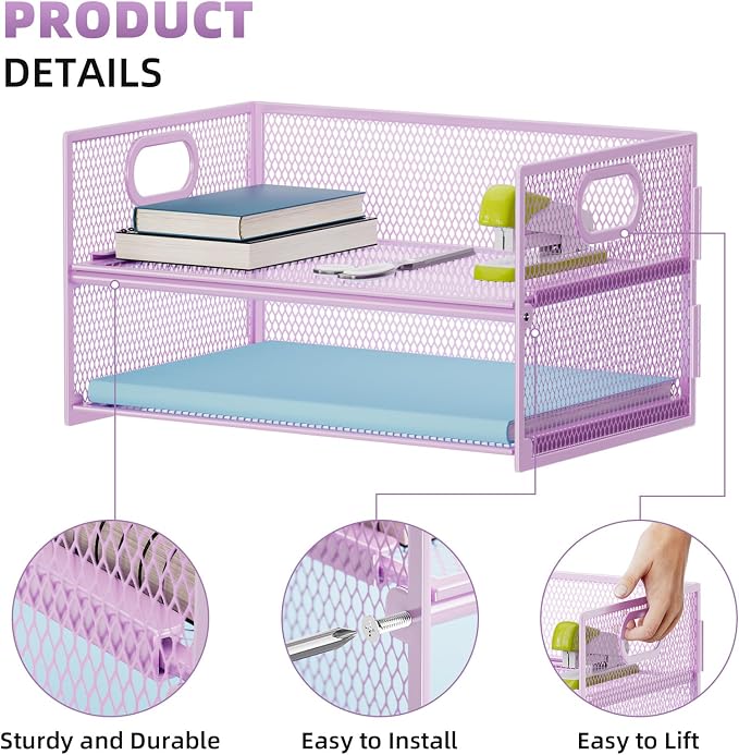 Marbrasse 2 Tier Paper Organizer Letter Tray, Mesh File Organizer with Handle, Paper Sorter Desk Organizer for Home Office Supplies - 2P Purple - Image 2