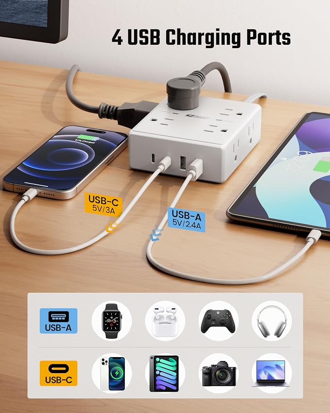 SUPERDANNY Extension Cord,Flat Plug Surge Protector Power Strip,25Ft | 8 AC & 4 USB Ports (2 USB C),Surge Protector with 1050J,Desk Charging Station for Home Office,College Dorm Room Essentials - Image 5