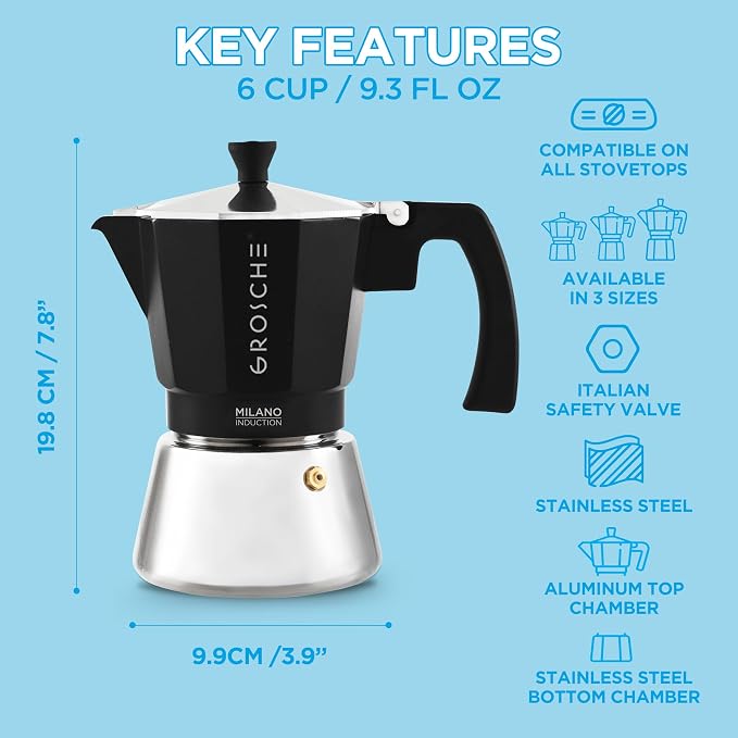 GROSCHE Milano Induction Stovetop Espresso Maker Moka Pot 6 Cup (Black) | Induction Moka Pot For Gas, Electric And Induction Cooktops With Aluminum Upper Chamber, Stainless Steel Base, And Burn Guard - Image 7