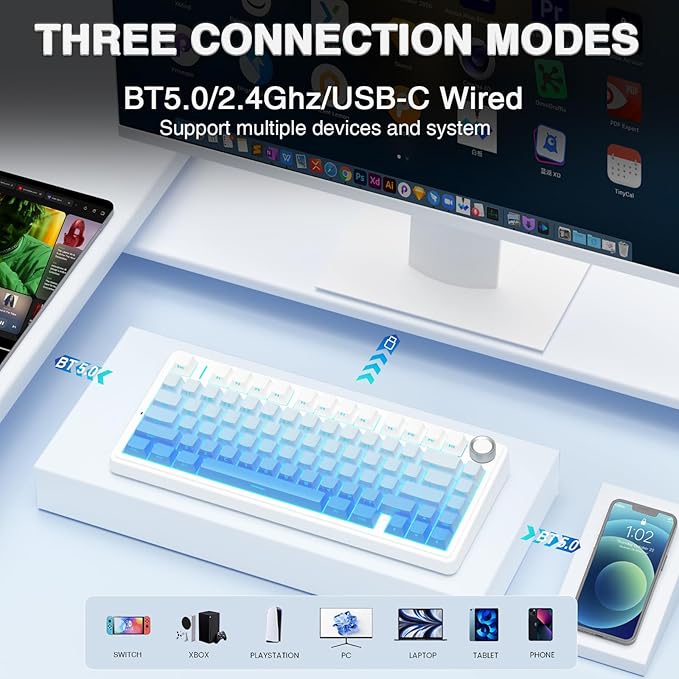 AULA F75 Pro Wireless Mechanical Keyboard,75% Hot Swappable Custom Keyboard,RGB Backlit,Pre-lubed Linear Switches,Side Printed PBT Keycaps Mechanical Gaming Keyboards,Gradient Blue - Image 3