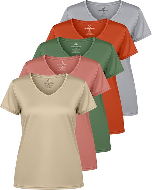 5 Pack Women's Dry Fit V Neck Workout Tops T Shirts Athletic Gym Yoga Tees | Available In Plus Size, Cooling Moisture-Wicking, Short Sleeve, Quick-Dry, Fitness, Stretch, Exercise, Running, Hiking by RealEssentials