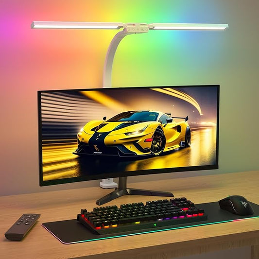 SIBRILLE Upgraded LED Desk Lamp for Home Office with RGB, Rotatable Computer Desk Light with Remote, Tall Table Lamp with Clamp for Working, Dimmable Dual Head Task Lighting for Monitor PC, 22W by SIBRILLE