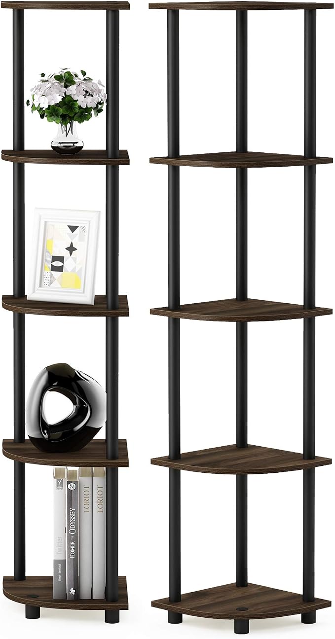 Furinno TURN-N-TUBE Corner Shelf Set of 2, 5-Tier Corner Bookshelf, Open Storage Shelves, for Organization and Storage, Living Room, Home Office, Garage, Columbia Walnut - Image 3