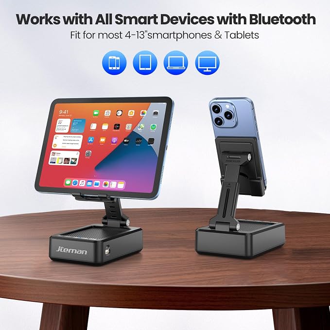 JTEMAN Cell Phone Stand with Bluetooth Speaker and Charging Function, HD Sound Adjustable Phone Holder, Birthday Gifts for Men Women, Cool Tech Kitchen Gadgets for All Phones,Tablet (Black) - Image 5