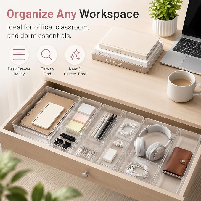 12 Pack Large Drawer Organizer Bins - Clear Plastic Bathroom Drawer Organizer Trays - Heavy Duty Kitchen Drawer Dividers for Utensils - Non-Slip Storage Bins for Makeup, Bedroom, Office Desk - Image 7