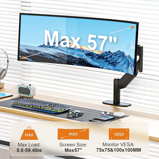 Suptek Single Monitor Arm for 27–57 Inch Ultrawide Large Screen Monitors, Heavy Duty Gas Spring Desk Mount with Tilt Swivel, VESA 75/100, Supports 59.4 lbs, Clamp & Grommet, MD71MAX - Image 2