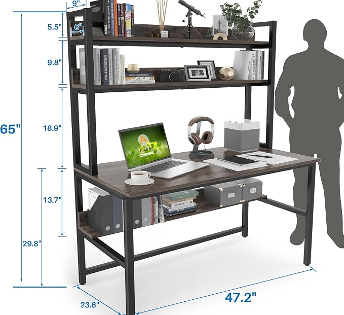 Aquzee Desk with Hutch Bookshelves, Computer Desk with 3 Tiers Storage Shelves, Space Saving Design Black Metal Legs Desk with Grey Board, Easy Assemble - Image 3