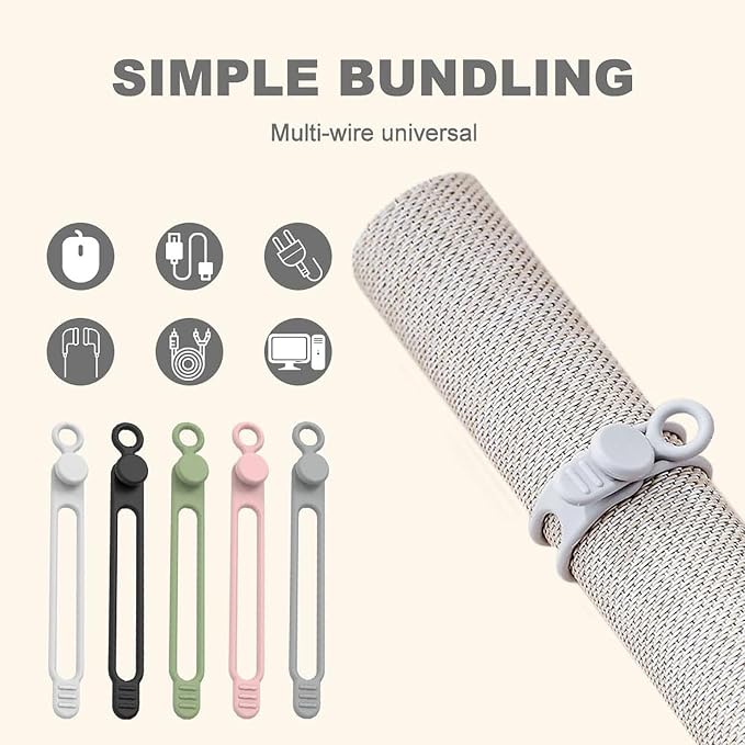Data Cable Organizer, 2026 Upgrade Silicone Headphone Organizer, Silicone Cable Ties Reusable Cable Management Organizer Multipurpose Elastic Cord Organizer for Bundling and Fastening Cable (20Pcs) - Image 5