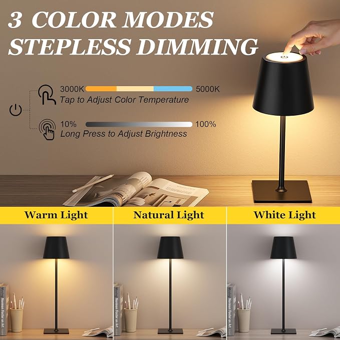 Kakanuo Cordless Rechargeable Table Lamp Black 5000mAh Battery Operated Lamps, 3 Colors Stepless Dimming Touch Lamp for Dining, Living Room, Outdoor Patio, Kitchen Counter, 4 Pack - Image 2