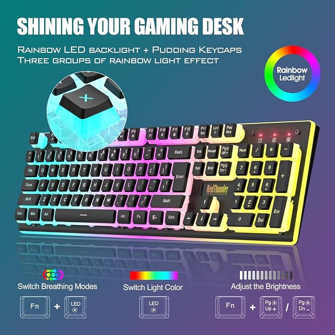 RedThunder K10 Wireless Gaming Keyboard and Mouse Combo, RGB Backlit Rechargeable 3800mAh Battery, Mechanical Feel Anti-ghosting Keyboard with Pudding Keycaps + 7D 3200DPI Mice for PC Gamer (Black) - Image 3