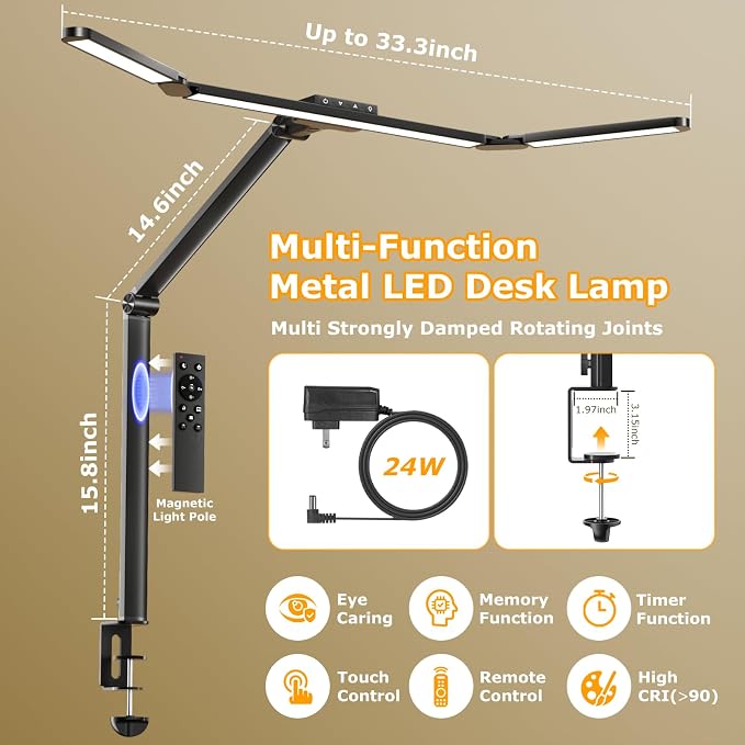 Airlonv LED Desk Lamp with Clamp, Architect Desk Lamp for Home Office with Remote, 24W Ultra-Bright Desk Light with Stepless Dimming and Stepless Color Temp, Memory Function for Study and Workbench - Image 3