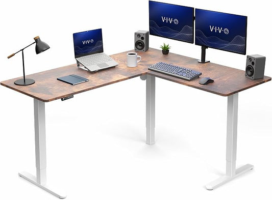 VIVO Vintage Brown 63 x 55 in Corner Standing Desk, DESK-E3CTWN | Electric, Reversible L-Shaped Table, Sit Stand, Height Adjustable, Memory Controller, Office Furniture Sets, White Frame by Unknown