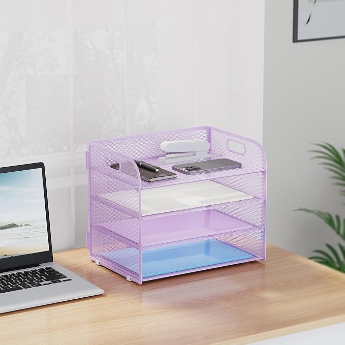 Marbrasse 4 Tier Paper Organizer Letter Tray - Mesh Desk File Organizer with Handle, Paper Sorter Organizer for Letter/A4 Office File Folder Holder (Purple, 12.6" x 9.1" x 10.7") - Image 7
