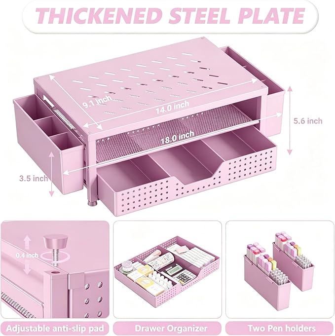 OPNICE Laptop Stand for Desk Organizer and Accessories, 2-Tier Computer Monitor Stand Riser with Drawer and 2 Pen Holders, Ventilated Perforated Steel Top, Office Desk Accessories for Home Office Supplies, Pink - Image 6