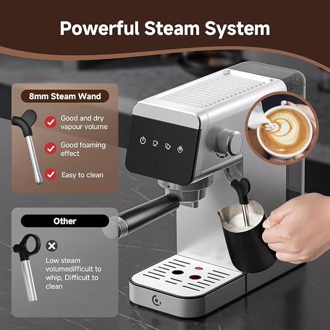 AMZCHEF Espresso Machine 20 Bar, Compact Coffee Maker with LED Touch Screen & Steam Milk Frother, Espresso Maker with 41oz Removable Water Tank for Home & Office, Coffee Machine for Cappuccino, Latte - Image 5