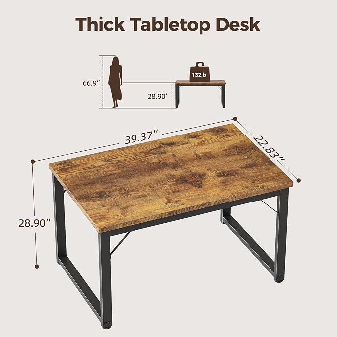 Mericonia 40 Inch Computer Desk, 1" Thick Small Office Table, Brown | Modern Simple Style, Heavy Duty Industrial Frame, Small Study & Writing Table for Home Bedroom Work - Image 2
