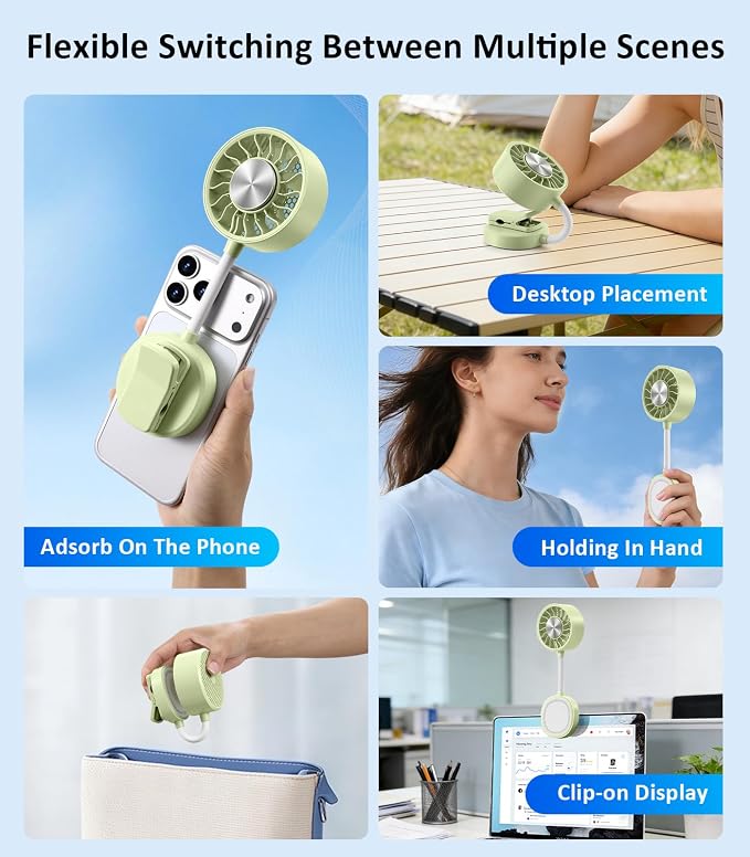 Magnetic Phone Fan with Ice Cooling, 3-in-1 Clip on Fan（Green） | Phone Stand, Rechargeable Mini Handheld Fan, 360° Flexible Gooseneck Portable Fan for Cruise Travel Desk Gym Makeup - Image 6