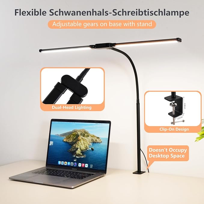 Dual-Head LED Desk Lamp for Office Home, Adjustable Flexible Eye-Caring Desk Light, 5 Modes 10 Brightness Adjustment, USB Adapter Desk Lamp with Clamp-ST-B - Image 5