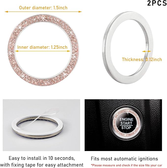 Kewucn 2 PCS Bling Crystal Double Rhinestone Car Engine Start Decoration Ring, Sparkling Push Start Button Sticker, Key Ignition & Knob Ring Decoration, Bling Car Interior Accessory(Peach) - Image 2