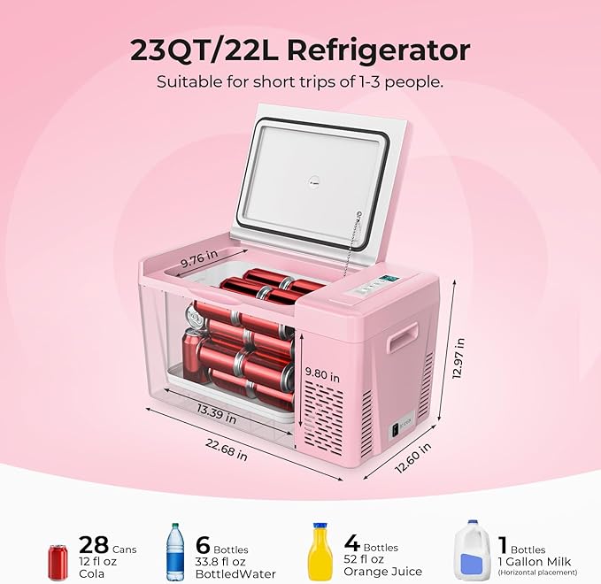 BougeRV Pink 23Quart Portable Refrigerator, 12 Volt Fridge 22L, Portable Freezer Compressor Cooler 12/24V DC 110~240 Volt AC for Truck Van RV Camper -8℉~50℉ - Image 2