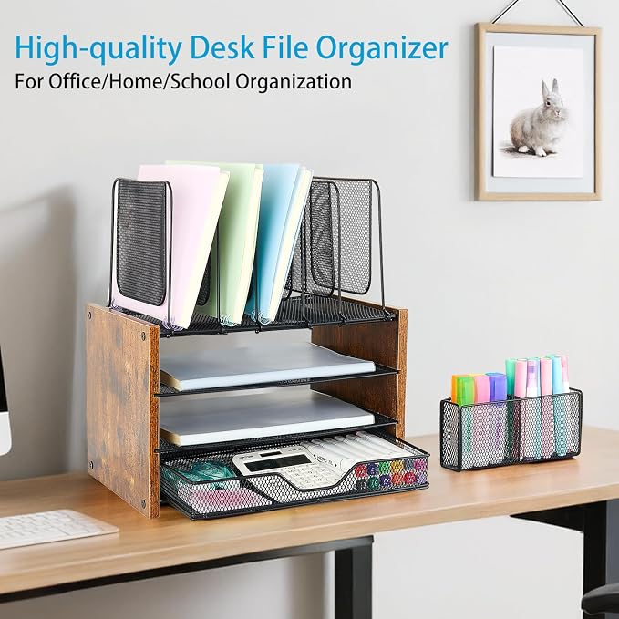 OPNICE Desk Organizer, 4-Tier Desktop File Organizer with Drawer and Pen Holders, Office Desk Accessories, File Sorters, Workspace Organizers for Office Supplies(Brown) - Image 2