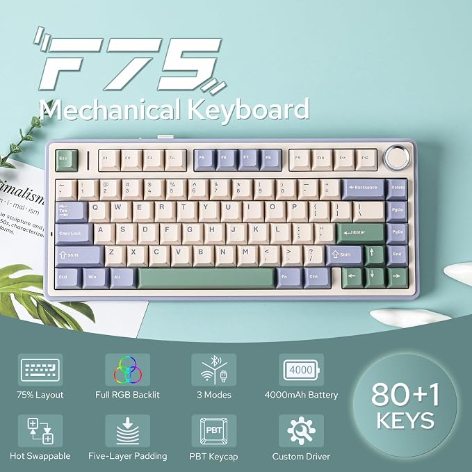 EPOMAKER x Aula F75 Gasket Mechanical Keyboard, 75% Wireless Hot Swappable Gaming Keyboard with Five-Layer Padding&Knob, BT/2.4GHz/USB-C, RGB (Green, LEOBOG Reaper Switch) - Image 2