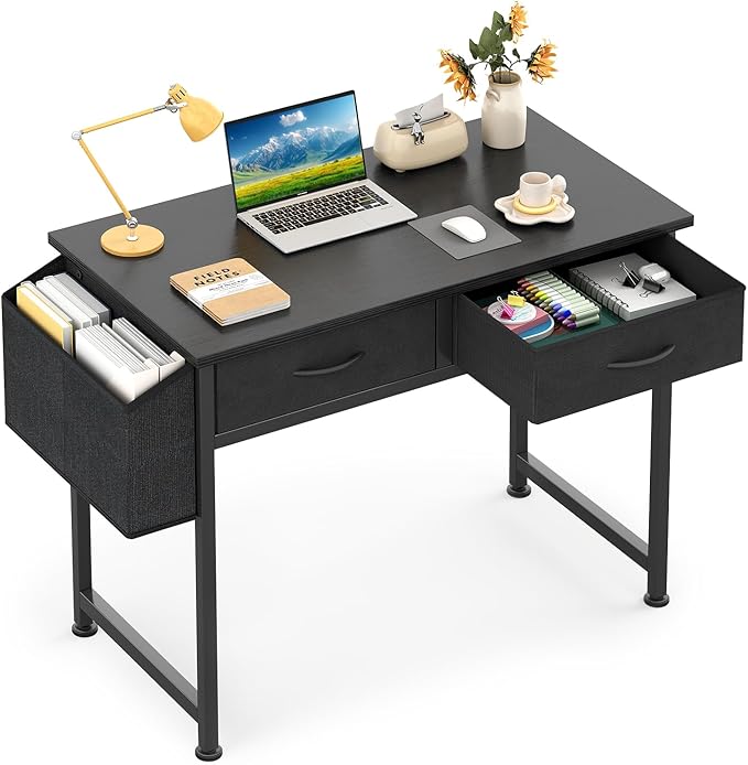 CAIYUN Computer Office Desk for Small Space with Fabric Drawers, Home Office Desk for Bedroom with Side Pocket and Hook, 31 Inch Kid’s Desk, Writing Desk, Study Table and Work Desk, Black by CAIYUN
