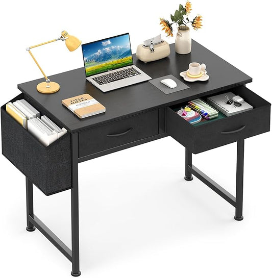 CAIYUN Computer Office Desk for Small Space with Fabric Drawers, Home Office Desk for Bedroom with Side Pocket and Hook, 31 Inch Kid’s Desk, Writing Desk, Study Table and Work Desk, Black by CAIYUN