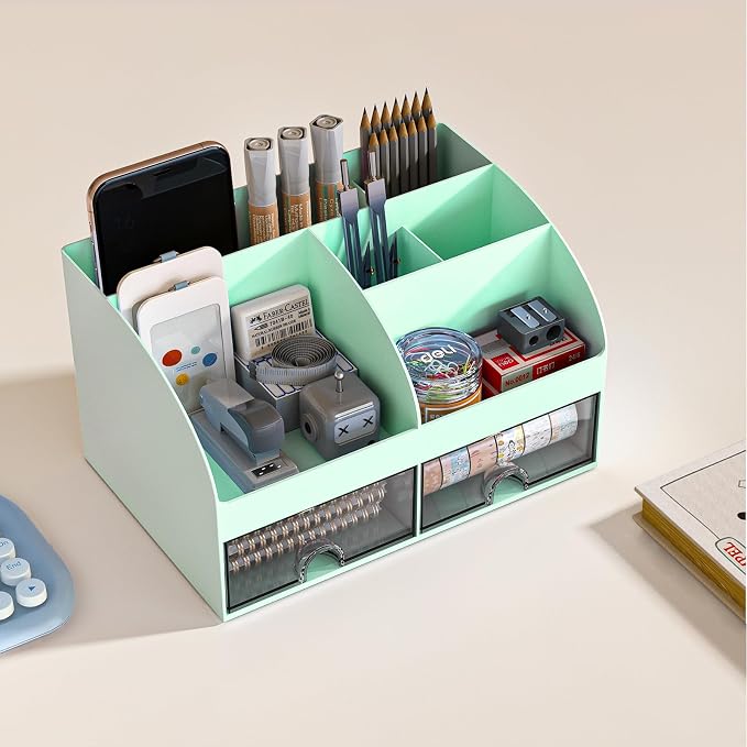 COMFYROOM Desk Organizer with 6 Compartments and 2 Drawers, Plastic Makeup Organizer, Pen Holder for Desktop Storage, Desk Organization for School, Home, Office Supplies (Mint Green) - Image 3