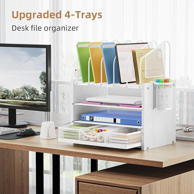 Marbrasse Desk organizer with Drawer, 4-Tier Wooden File Organizer with 5 Vertical File Holders and 2 Pen Holders, Desk Organizers and Accessories for Home Office - White - Image 3