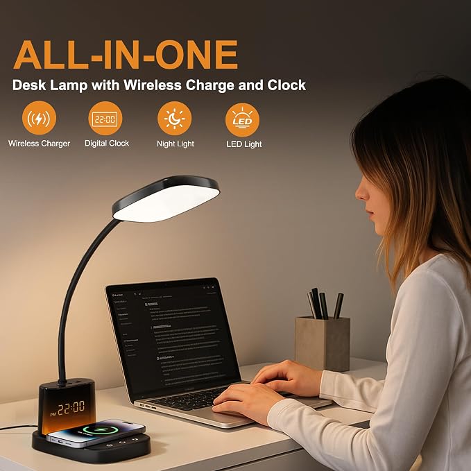 10W Wireless Charging LED Desk Lamp with Clock, Light Black | CRI 95, 800LM, Stepless Dimming, 3 Modes, 360°Flexible Arm, Touch, Study Table Lamp for Home Office, Dorm Room, with Adapter - Image 2