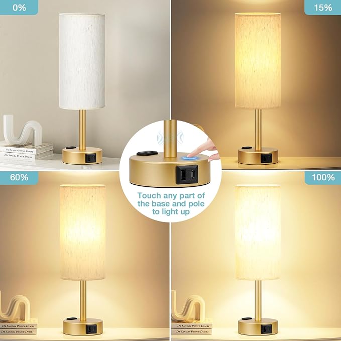Fenmzee Gold Nightstand Bedroom Lamp - 3 Way Dimmable Bedside Lamp USB C A Charging Ports and AC Outlet, Small Table Lamp Linen Lampshade for Office Desk, LED Bulb Included - Image 2