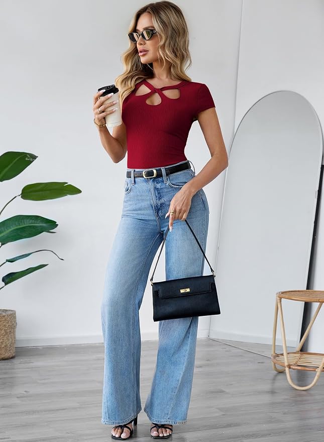 Pink Queen Sexy Tops for Women Cutout Keyhole Neck Cap Sleeve Shirts Casual Summer Clothes 2026 Fashion - Image 4