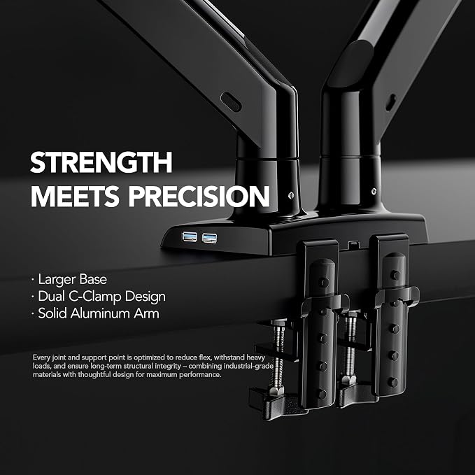 HUANUO Dual Monitor Stand for 13″–40″, Premium Dual Monitor Mount with USB, Height Adjustable Monitor Stand for 2 Monitors, VESA Mount with Clamp/Grommet Base, Holds 26.4lbs per Arm, HNDS7 - Image 6