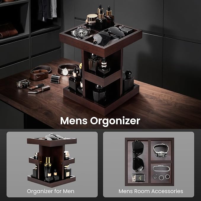 EXIN DECHEN Cologne Organizer for Men,Birthday Gifts for Men,Walnut Color | Easy Installation,360° Rotating,Boyfriend Husband Dad Gift Ideas,Mens Accessories for Desk,Bathroom Countertop,Vanity,Dresser - Image 4